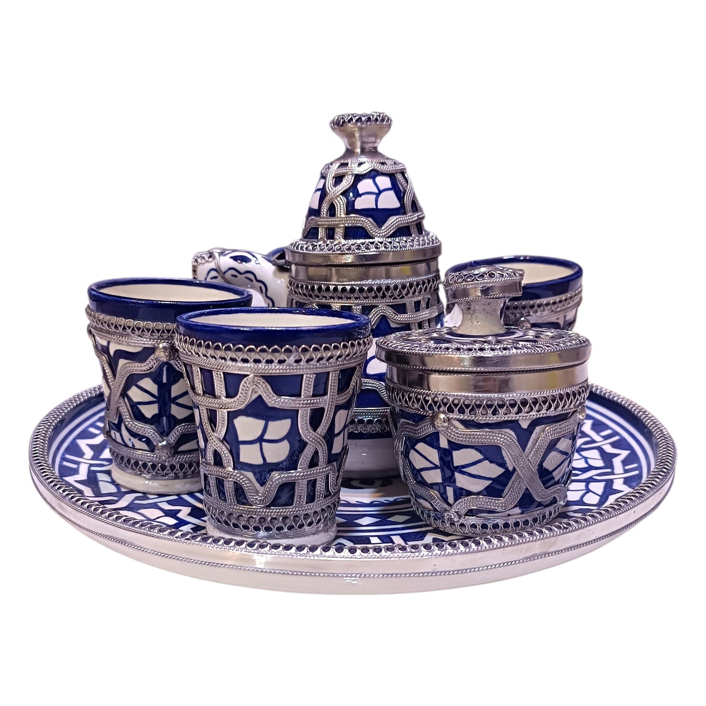 Moroccan Tea Set – Handcrafted Fez Pottery with Silver & Cobalt Blue
