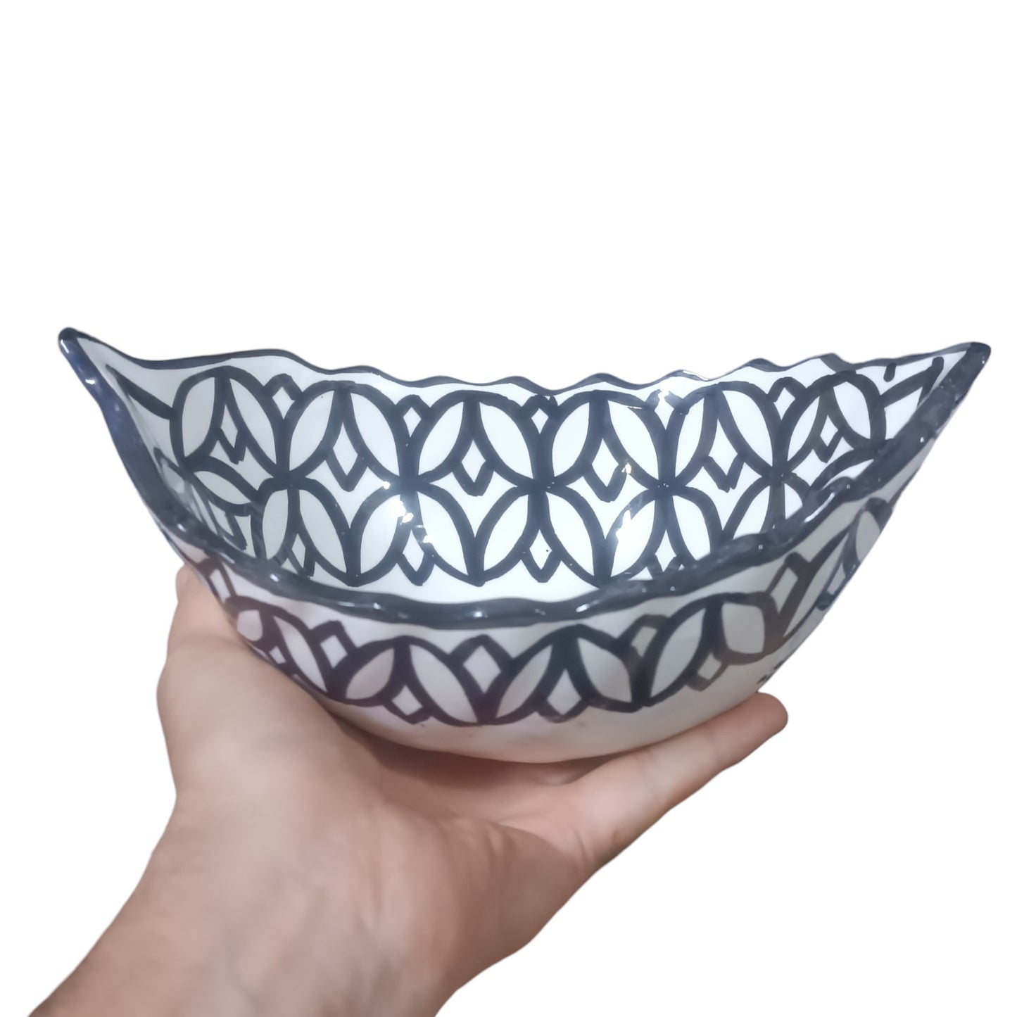 Moroccan Fez pottery Boat-Shaped Salad Bowl – Hand-Painted Geometric Ceramic Serving Bowl