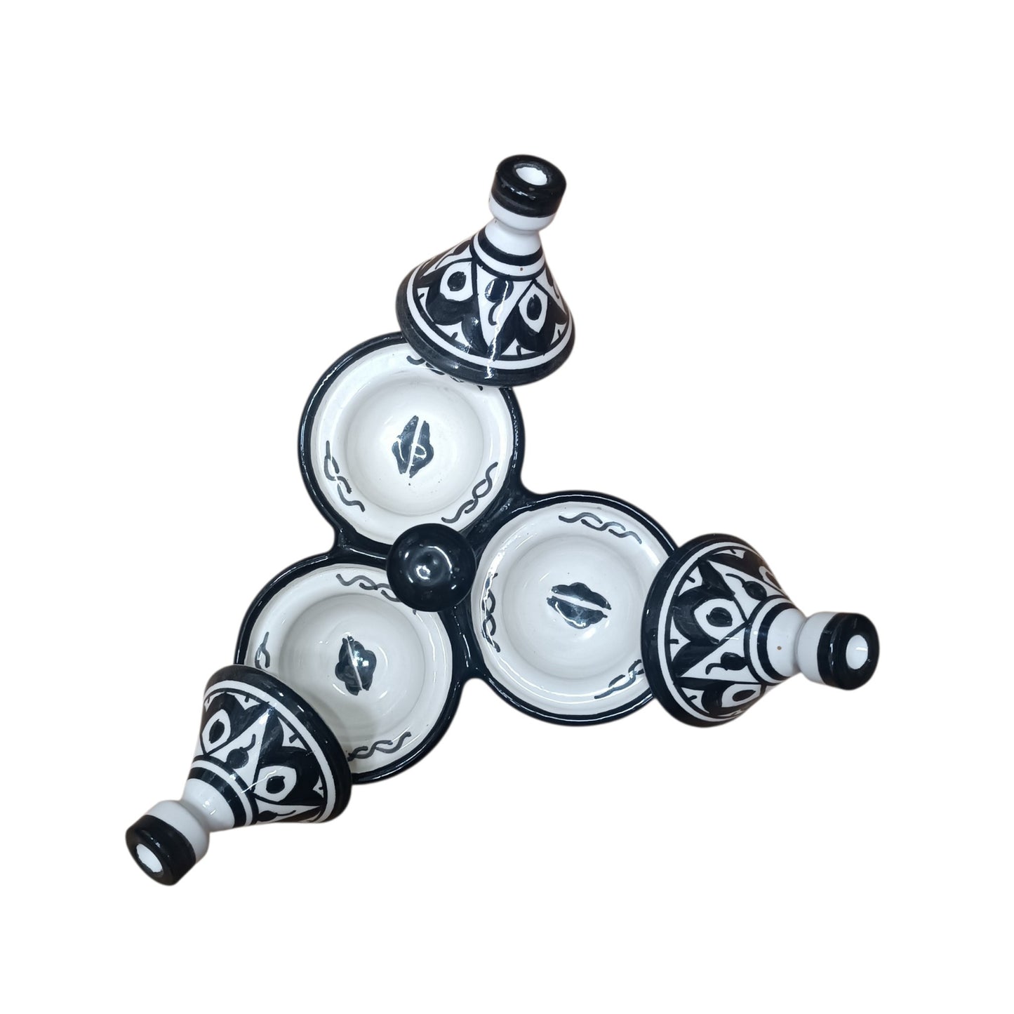 Moroccan Black & White Ceramic tagine 3-Compartment Spice & Condiment Set
