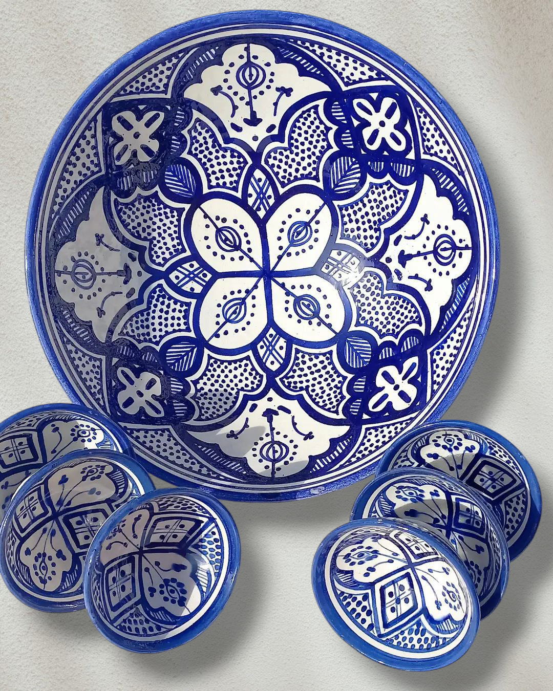 Hand-Painted Moroccan Fassi Ceramic Bowl Set – 6 Small + 1 Large – Traditional Fez Pottery