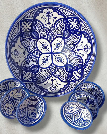 Hand-Painted Moroccan Fassi Ceramic Bowl Set – 6 Small + 1 Large – Traditional Fez Pottery