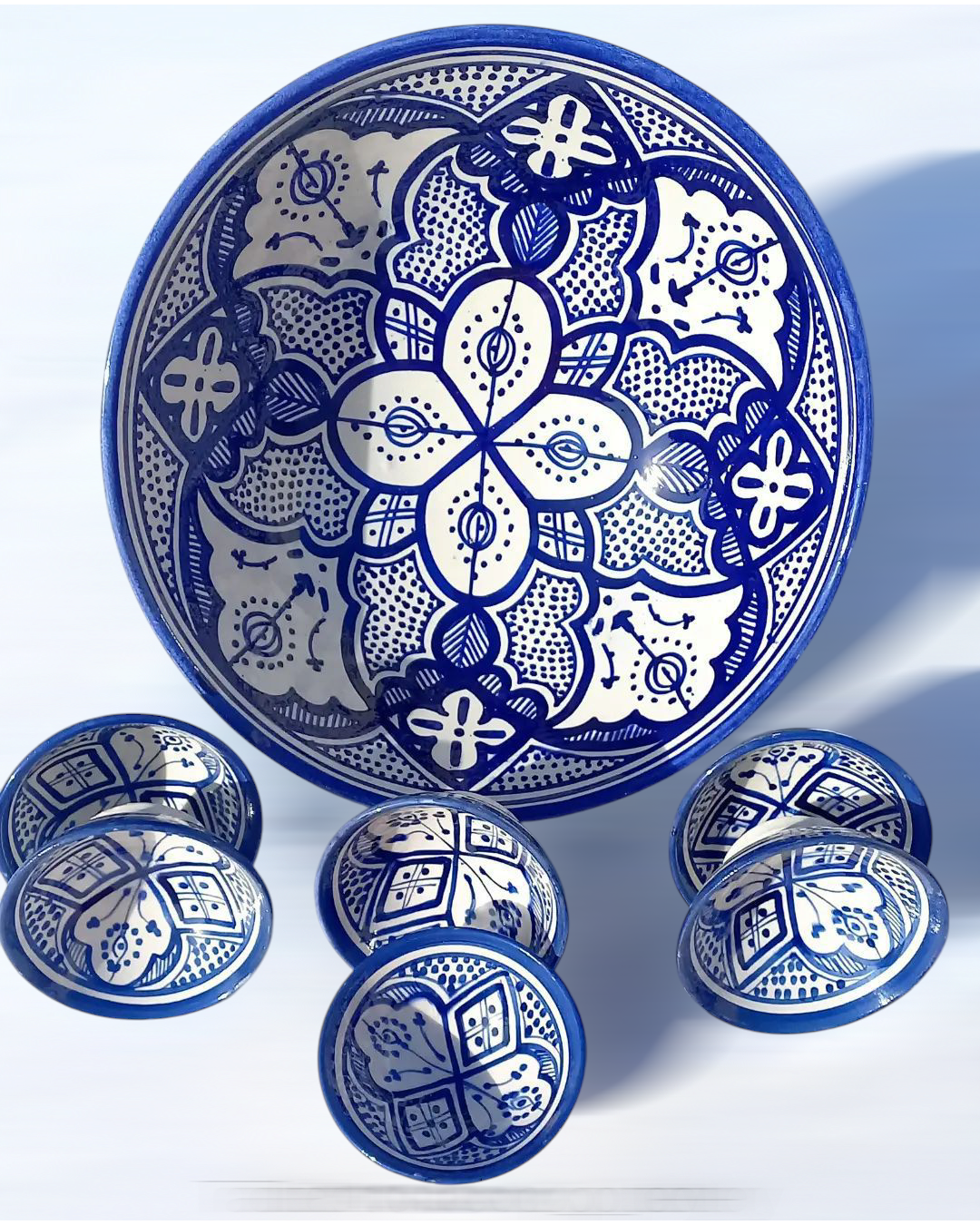 Hand-Painted Moroccan Fassi Ceramic Bowl Set – 6 Small + 1 Large – Traditional Fez Pottery