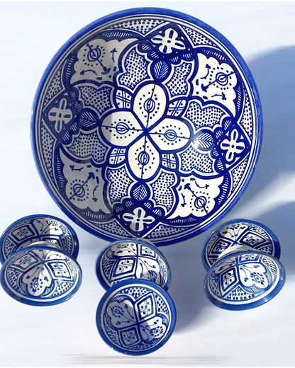Hand-Painted Moroccan Fassi Ceramic Bowl Set – 6 Small + 1 Large – Traditional Fez Pottery