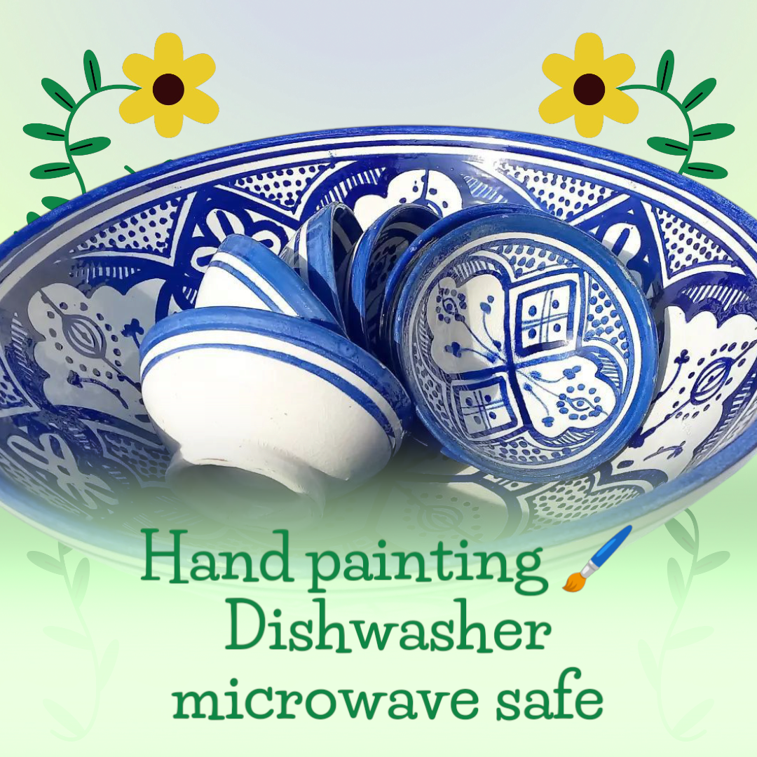 Hand-Painted Moroccan Fassi Ceramic Bowl Set – 6 Small + 1 Large – Traditional Fez Pottery