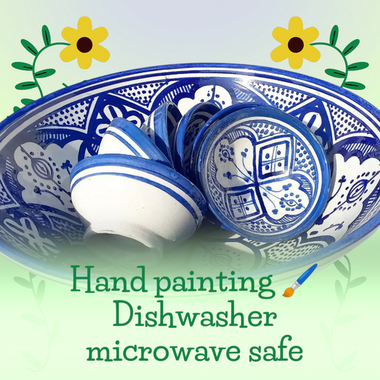 Hand-Painted Moroccan Fassi Ceramic Bowl Set – 6 Small + 1 Large – Traditional Fez Pottery