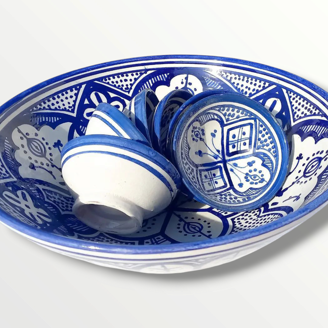Hand-Painted Moroccan Fassi Ceramic Bowl Set – 6 Small + 1 Large – Traditional Fez Pottery