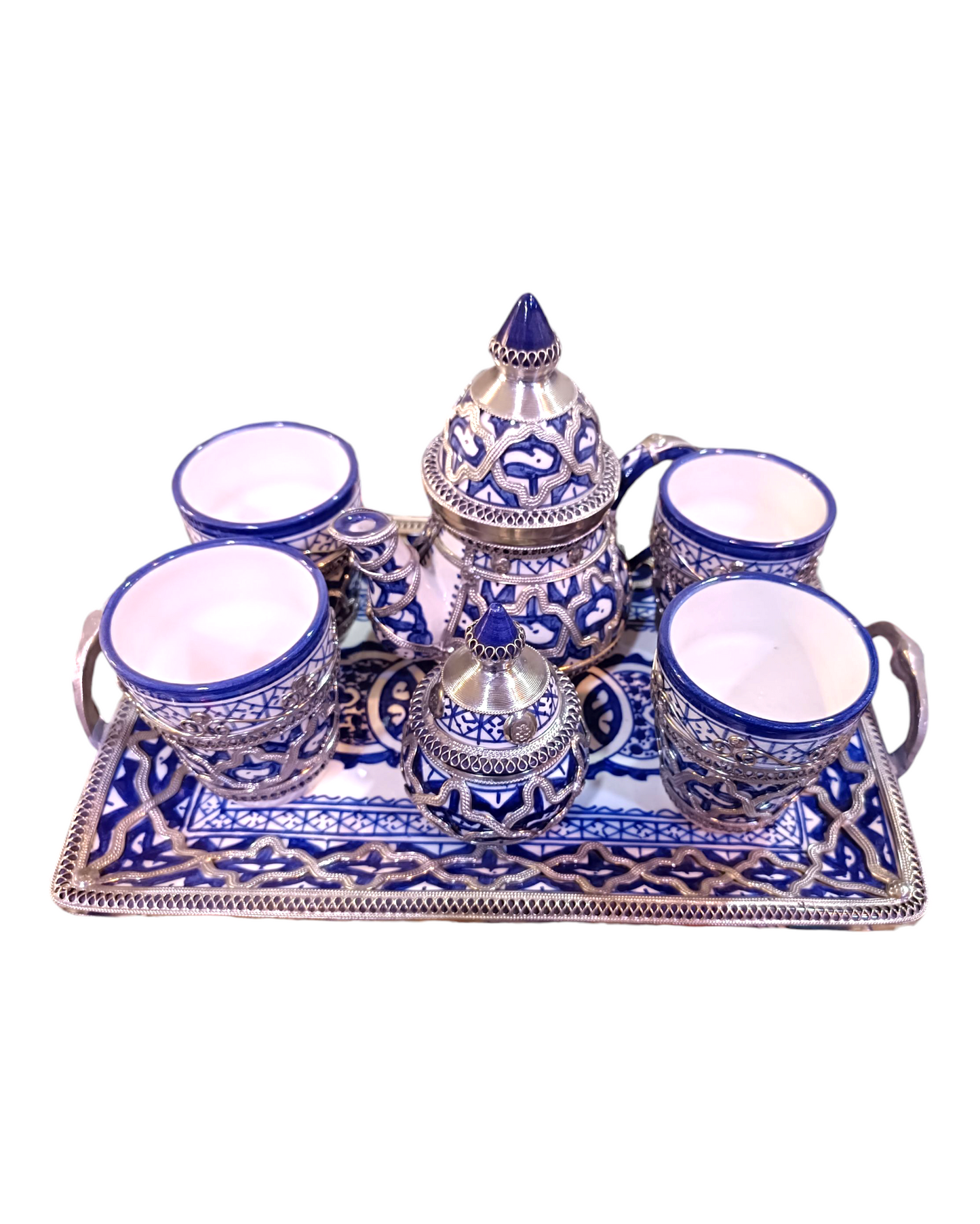 Luxury Moroccan Tea Set – Handcrafted Fez Pottery with Silver & Cobalt Blue