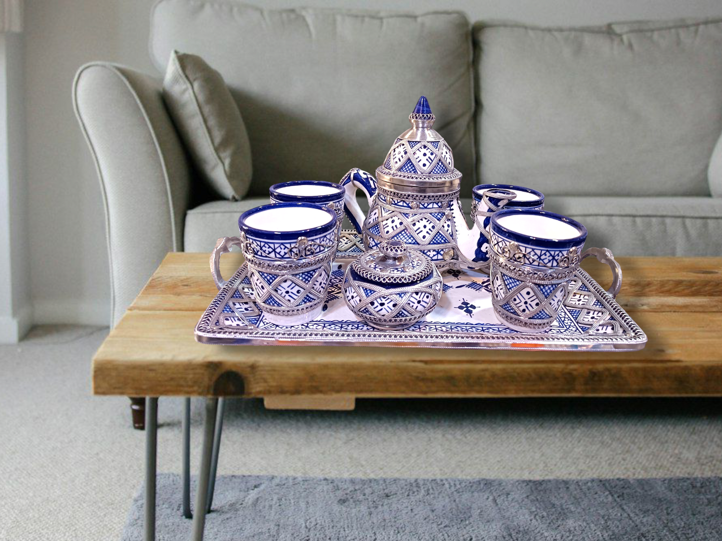 Luxury Moroccan Tea Set – Handcrafted Fez Pottery with Silver & Cobalt Blue