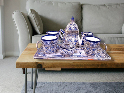 Luxury Moroccan Tea Set – Handcrafted Fez Pottery with Silver & Cobalt Blue