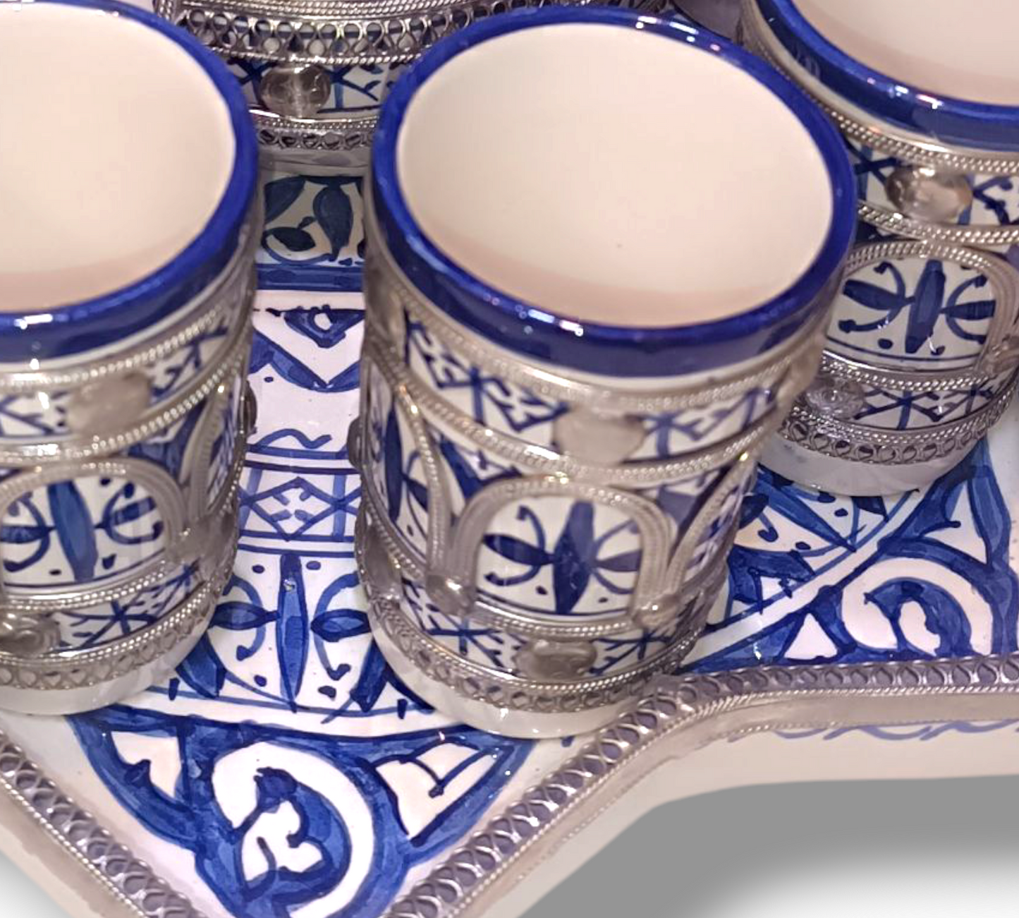 Luxury Moroccan large Tea Set – Handcrafted Fez Pottery with Silver & Cobalt Blue
