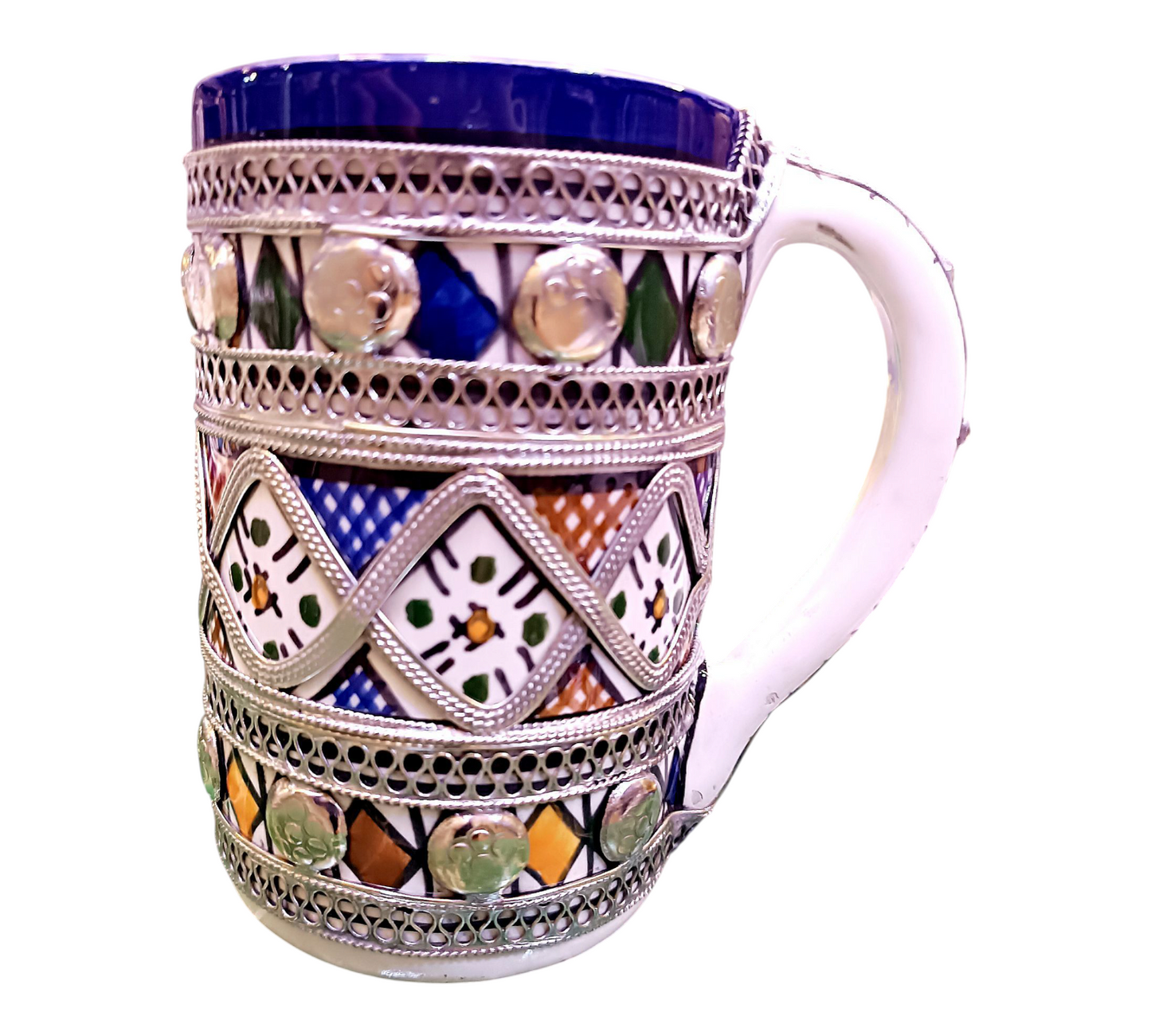 Handmade Moroccan Mug – Cobalt Blue Fez Design with Silver & Nickel Inlay