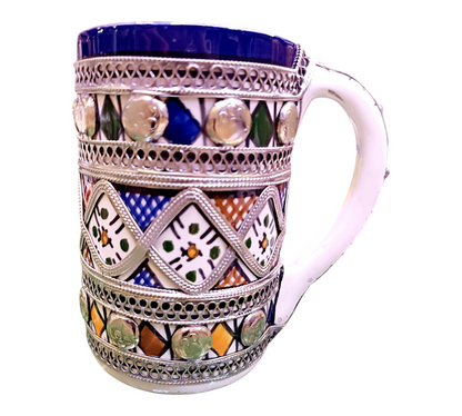 Handmade Moroccan Mug – Cobalt Blue Fez Design with Silver & Nickel Inlay