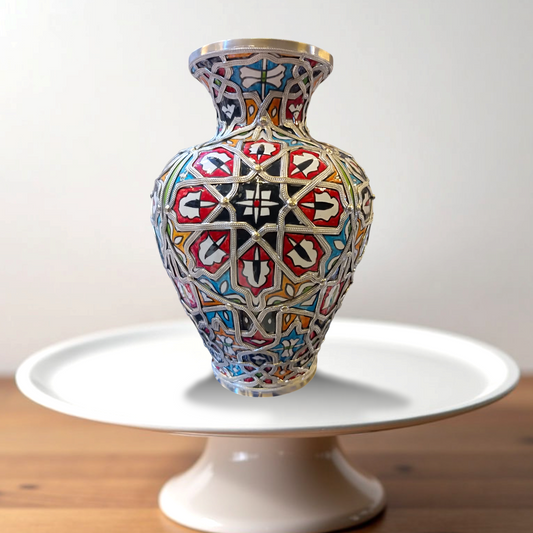 Vase Inlaid with Nickel & Silver – Traditional Moroccan Elegance _ Handcrafted White Clay