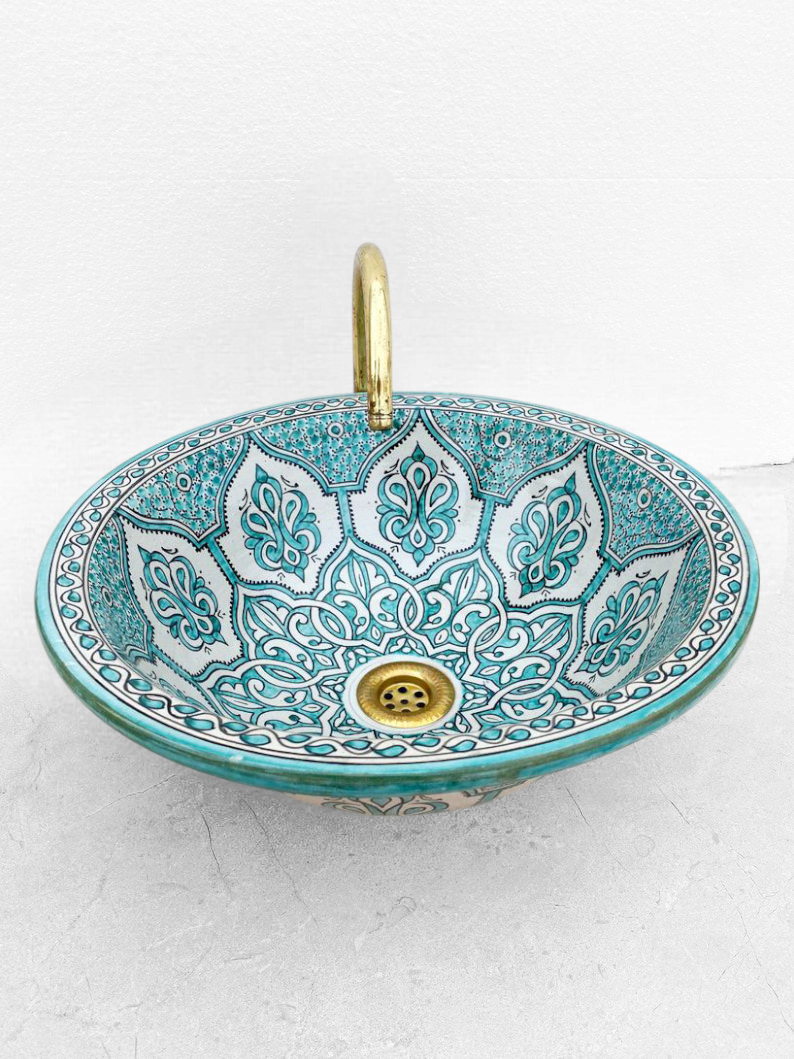 Handcrafted Moroccan Fez Ceramic Sink – Traditional Green Floral Design