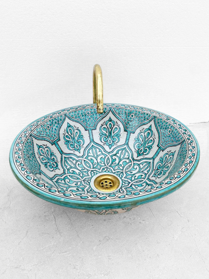 Handcrafted Moroccan Fez Ceramic Sink – Traditional Green Floral Design