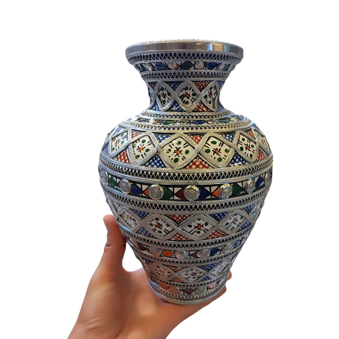 Handcrafted White Clay Vase Inlaid with Nickel & Silver – Traditional Moroccan Elegance