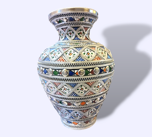 Handcrafted White Clay Vase Inlaid with Nickel & Silver – Traditional Moroccan Elegance