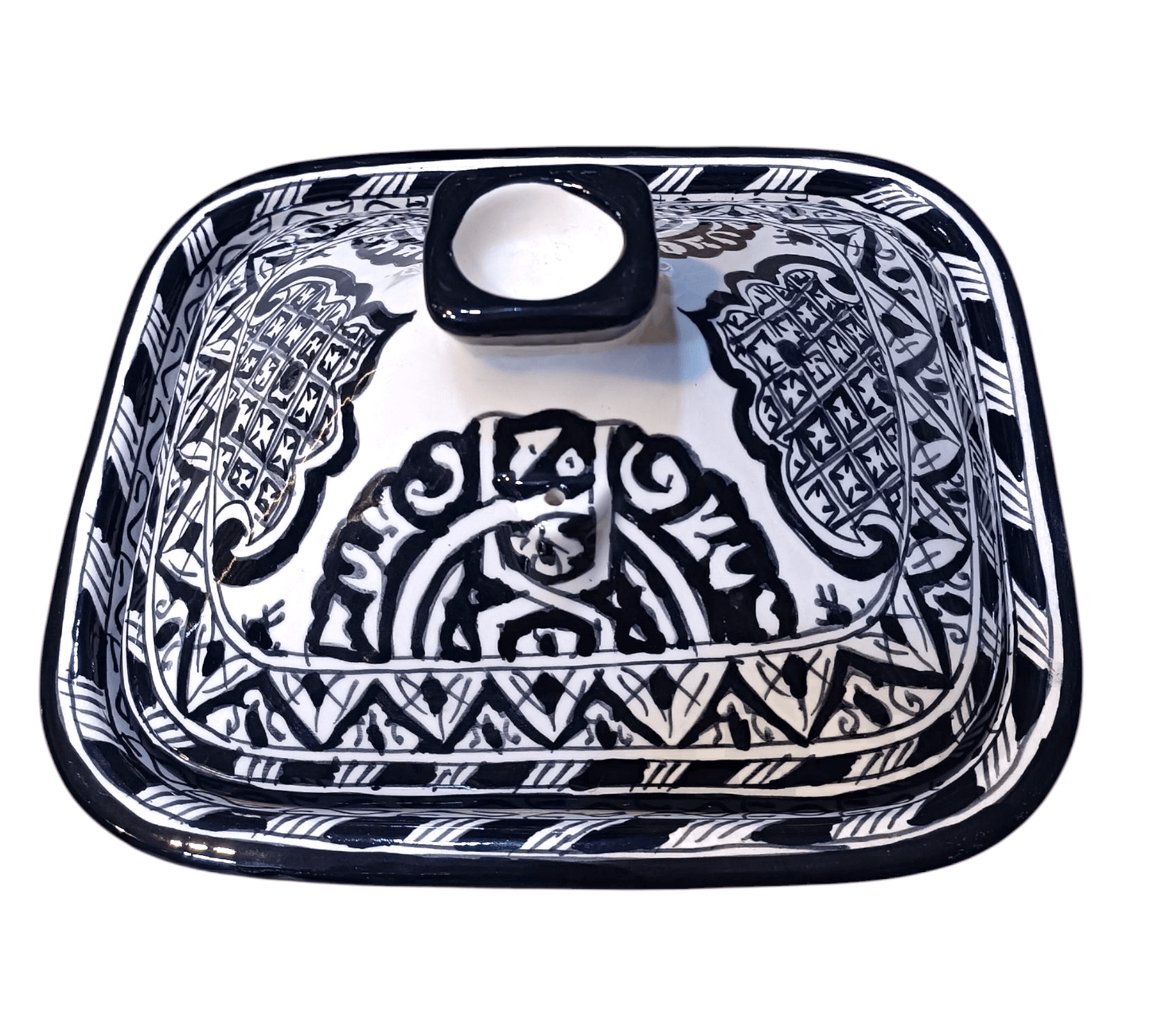 Square Moroccan Tagine – Black & White Ceramic Cooking Pot – 24x29 cm