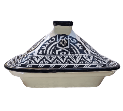 Square Moroccan Tagine – Black & White Ceramic Cooking Pot – 24x29 cm