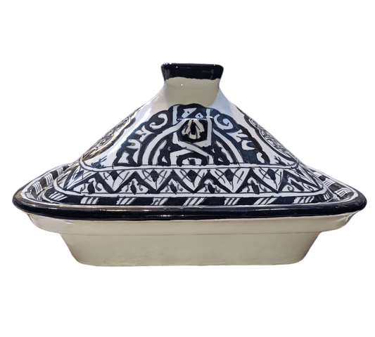 Square Moroccan Tagine – Black & White Ceramic Cooking Pot – 24x29 cm