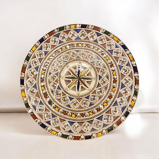 Multicolor Moroccan Fez Pottery Plate with Nickel Inlay – 35cm Wall Decor