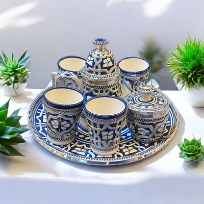 Moroccan Tea Set – Handcrafted Fez Pottery with Silver & Cobalt Blue