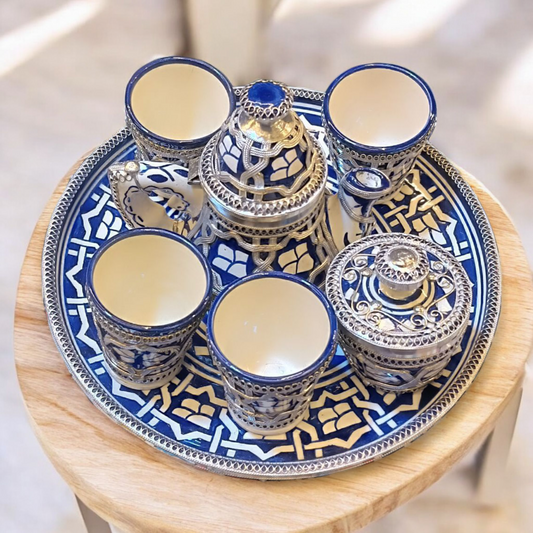 Moroccan Tea Set – Handcrafted Fez Pottery with Silver & Cobalt Blue