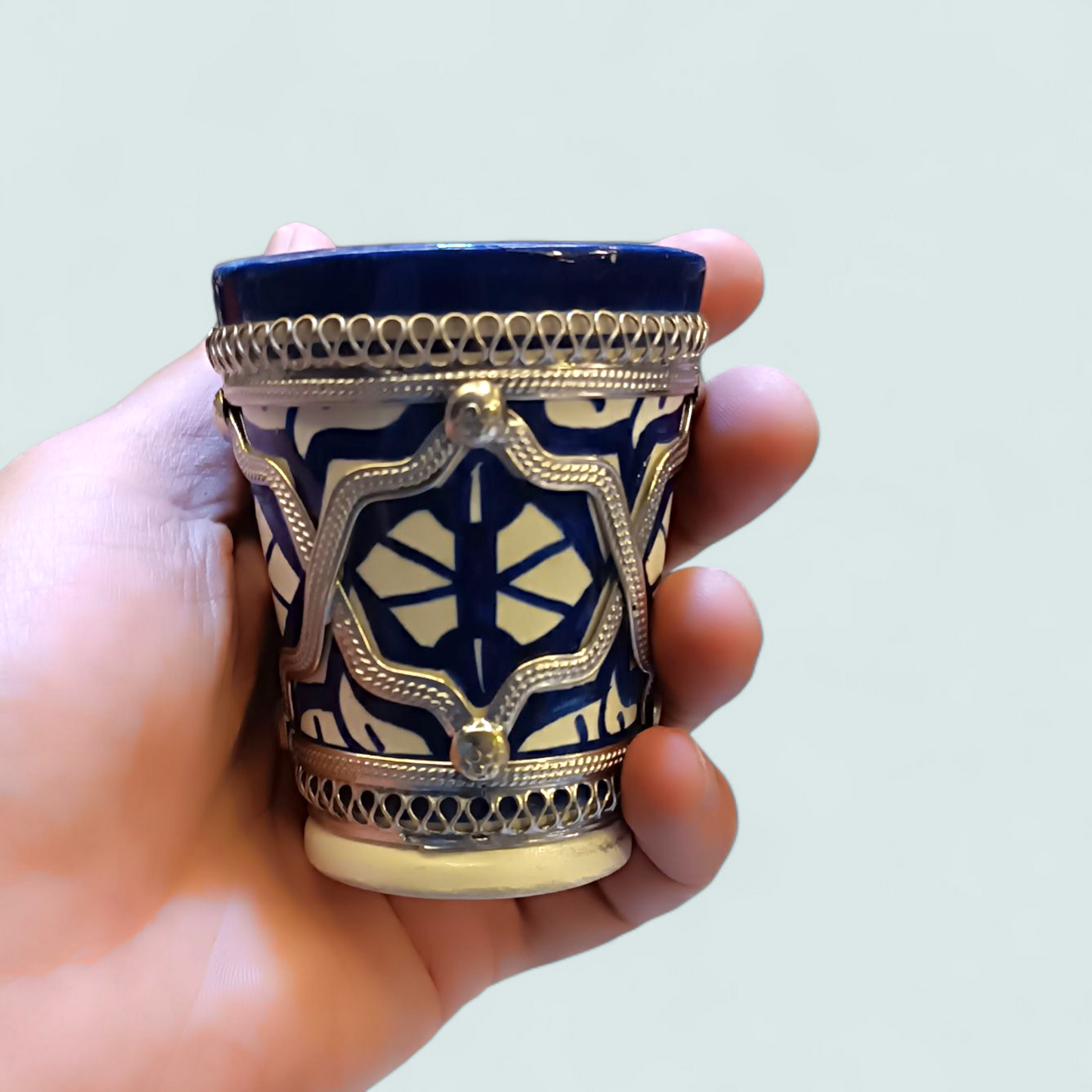 Moroccan Tea Set – Handcrafted Fez Pottery with Silver & Cobalt Blue