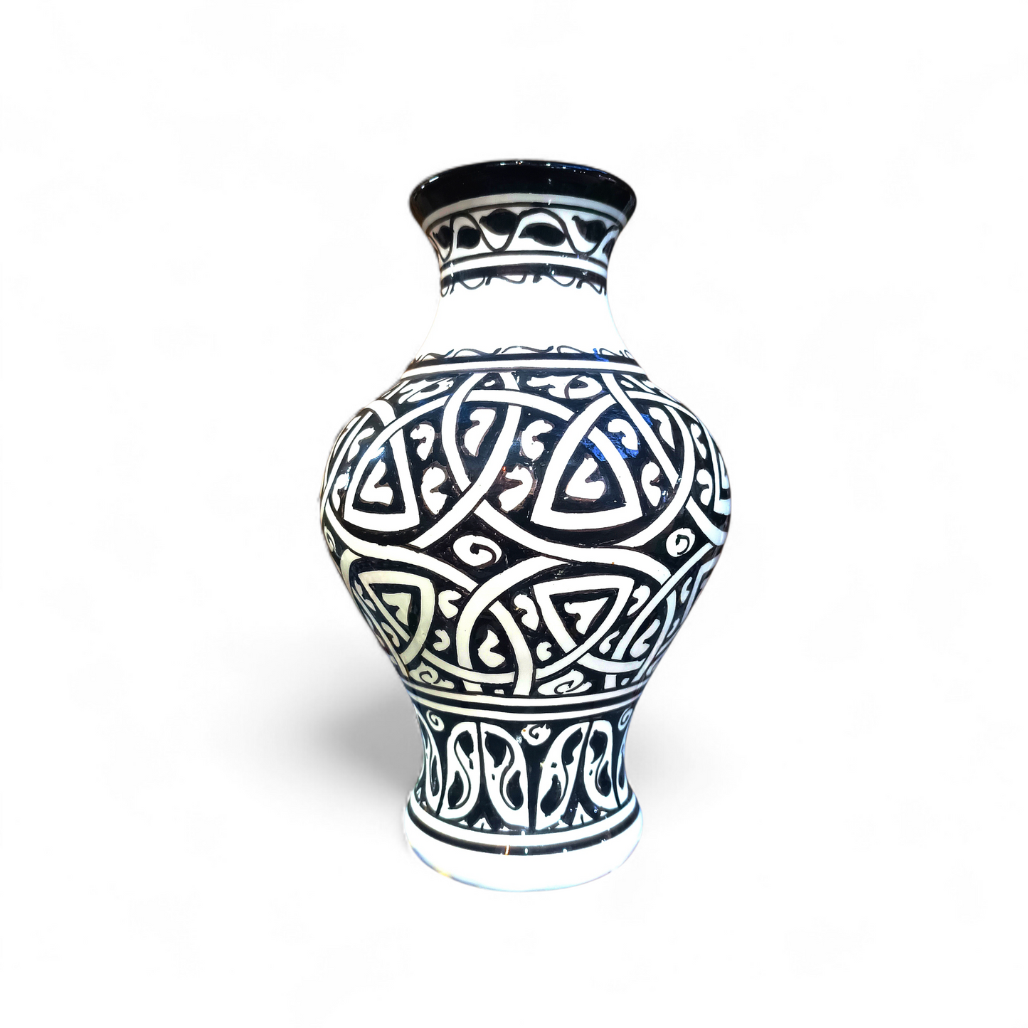 Moroccan ceramic vase, handmade and hand painted 28 cm black and white