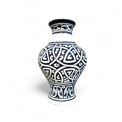 Moroccan ceramic vase, handmade and hand painted 28 cm black and white