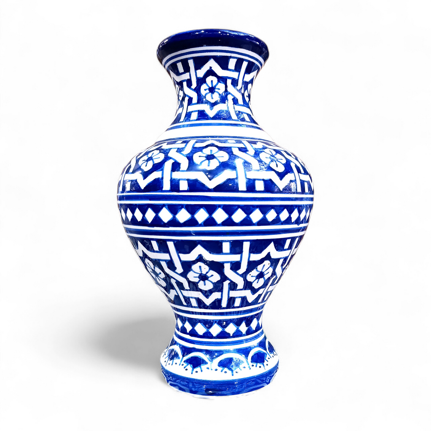 Moroccan ceramic vase, handmade and hand painted blue and white