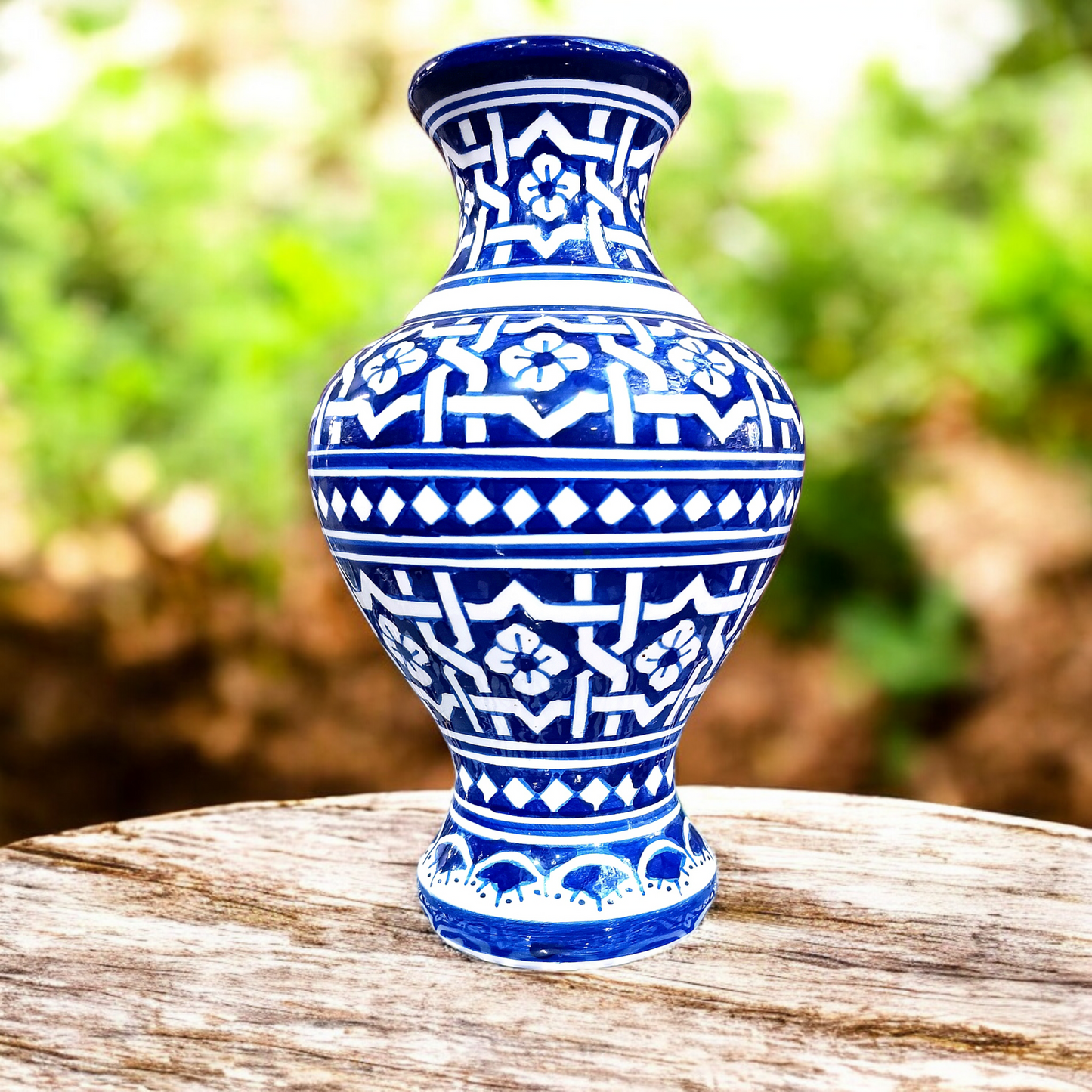 Moroccan ceramic vase, handmade and hand painted blue and white