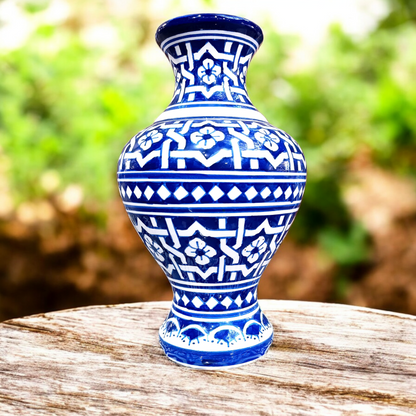 Moroccan ceramic vase, handmade and hand painted blue and white