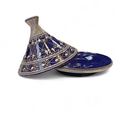 Handcrafted Moroccan Tagine 30cm – Blue, Green & Red Ceramic with Silver Filigree Design