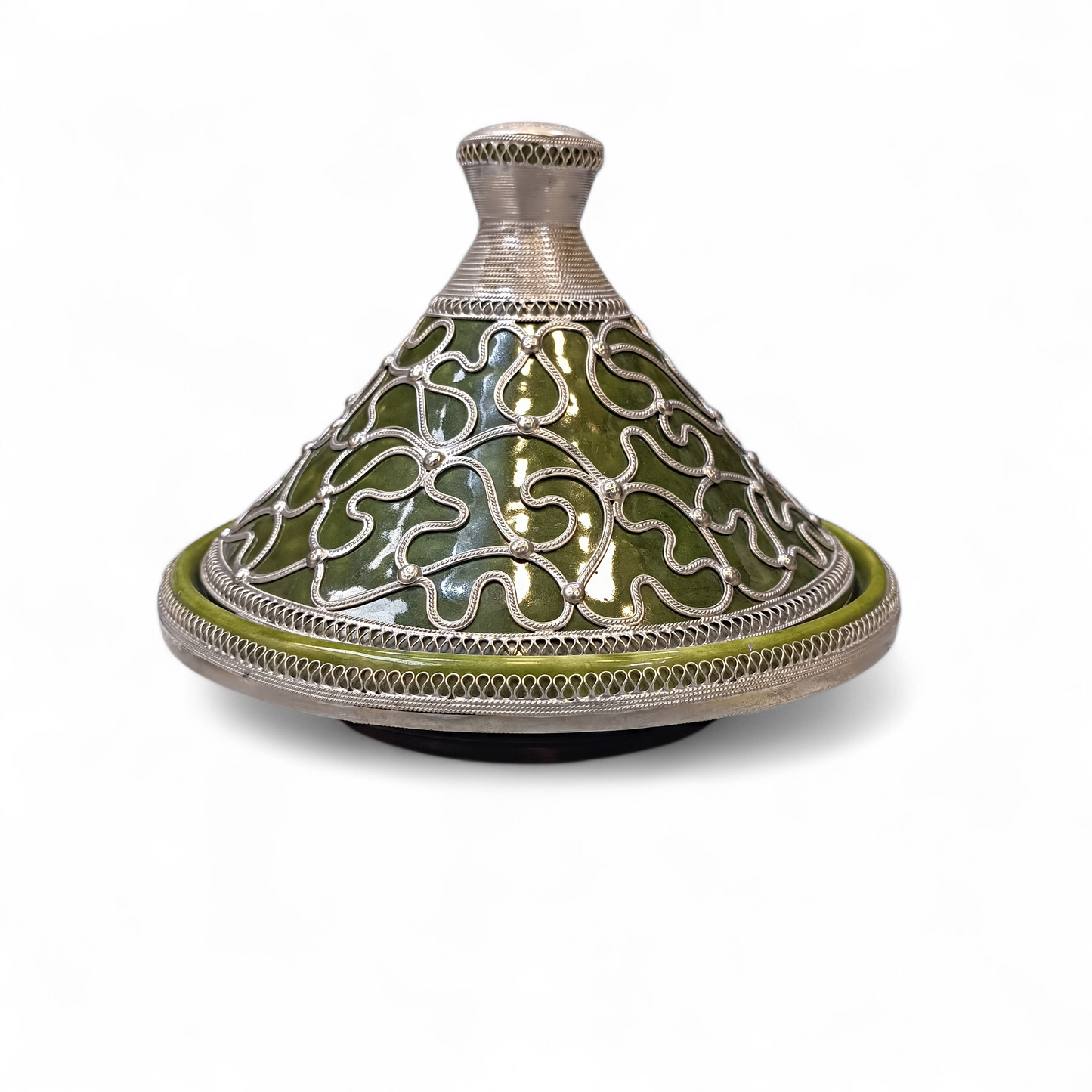 Handcrafted Moroccan Tagine 30cm – Blue, Green & Red Ceramic with Silver Filigree Design