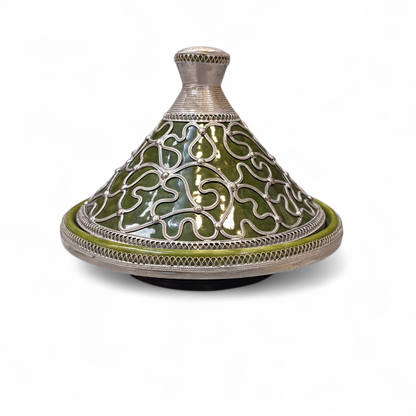Handcrafted Moroccan Tagine 30cm – Blue, Green & Red Ceramic with Silver Filigree Design