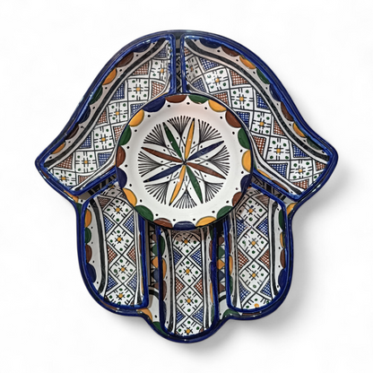 Handmade Moroccan Ceramic Serving Set – Hamsa Design Platter with 6 Pieces | Fez Pottery 30x32 cm