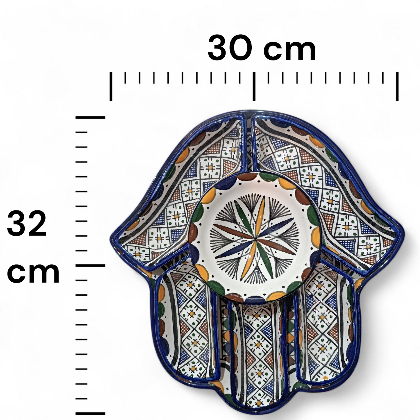 Handmade Moroccan Ceramic Serving Set – Hamsa Design Platter with 6 Pieces | Fez Pottery 30x32 cm