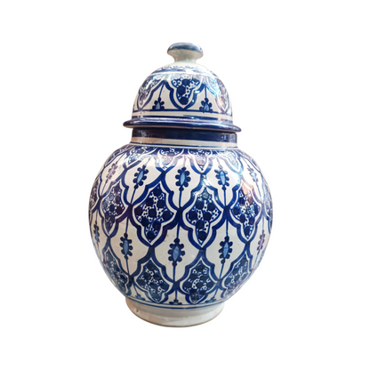 Handmade Moroccan fes pottery Blue & White Ceramic Jar with Lid – 30cm