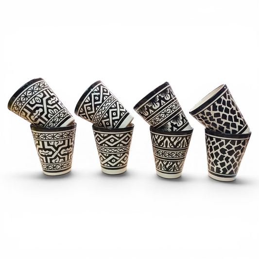 Moroccan cups fez pottery hand painted black and white (8 cups)