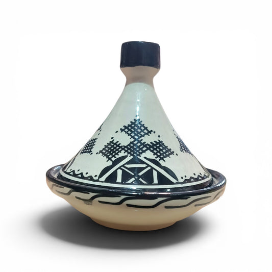 Mini Moroccan Ceramic Tagine with Black Geometric Pattern – Handmade Decorative Dish