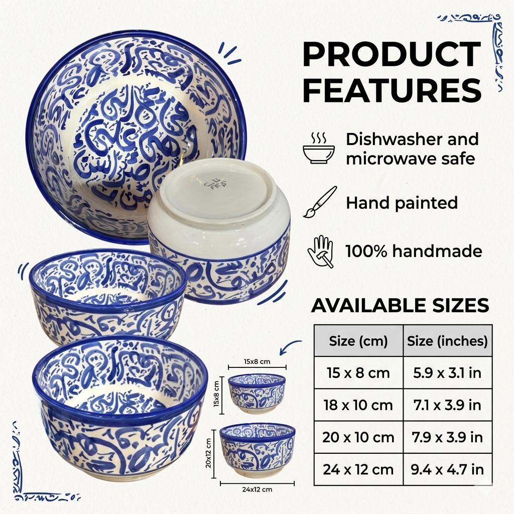 Handcrafted Moroccan Arabic Calligraphy Bowl – Decorative & Functional Ceramic Serving Bowl