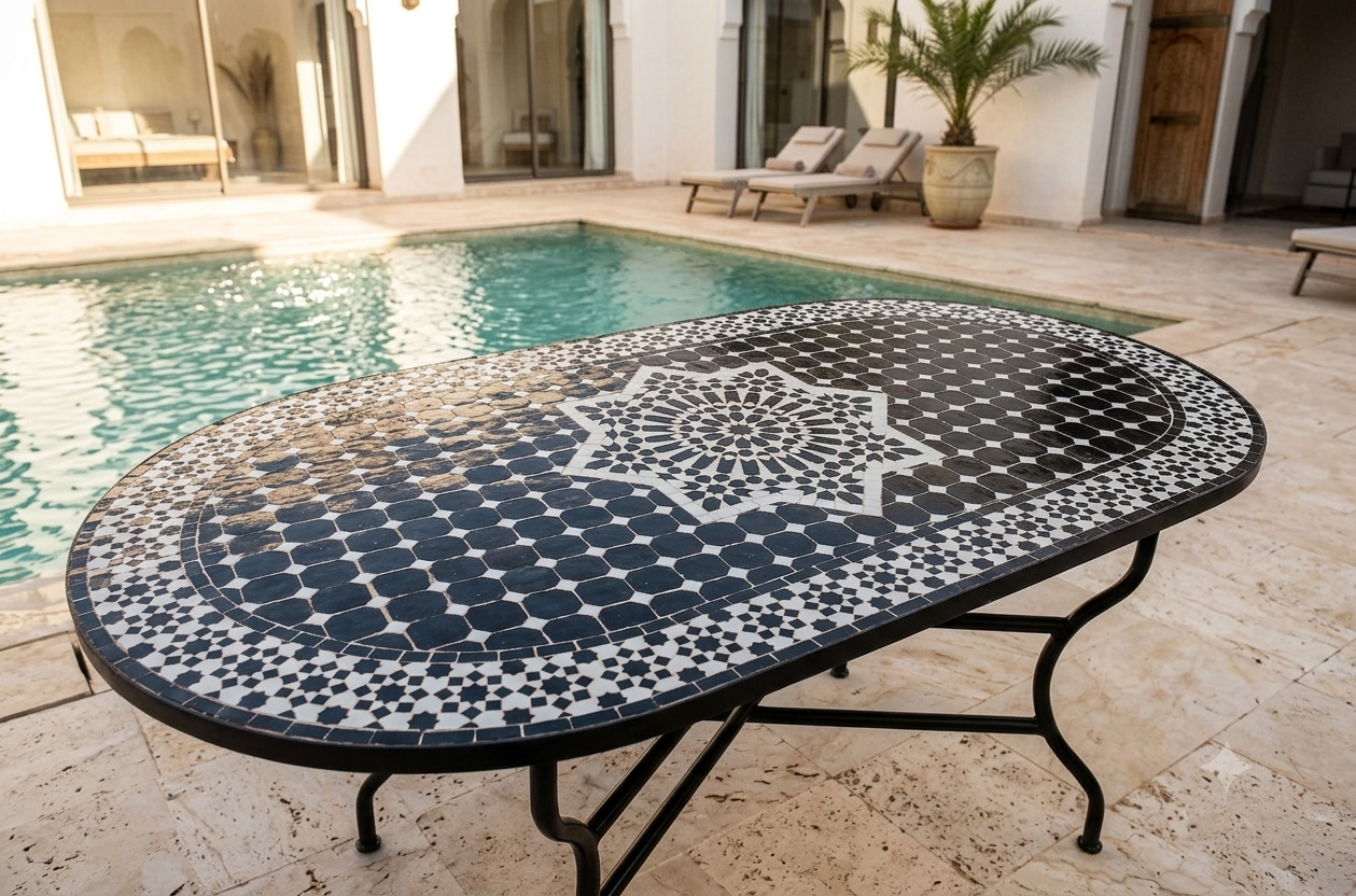 Moroccan Oval Mosaic Table – Handmade Traditional Zellige Art
