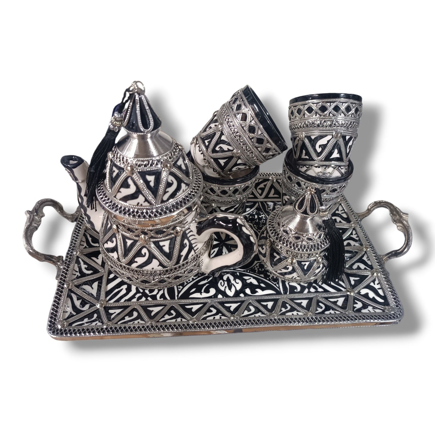 Antique Moroccan Tea Set with Silver Nickel Finish – 6 Pieces
