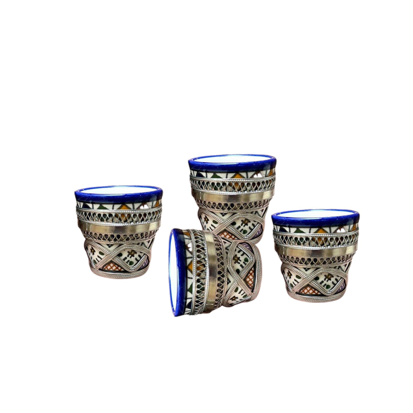 Moroccan Handmade Tea Set with Silver-Plated Finish – 4 Cups, Teapot & Round Tray