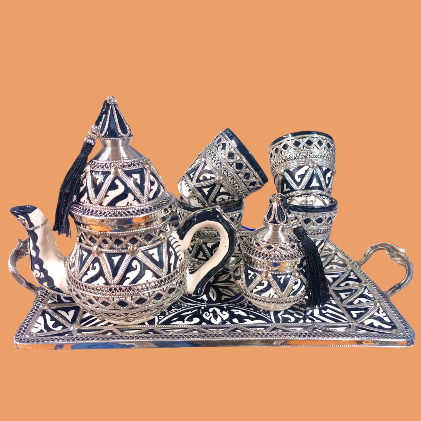 Handmade Moroccan Fassi Pottery Tea Set with Silver Nickel Decoration