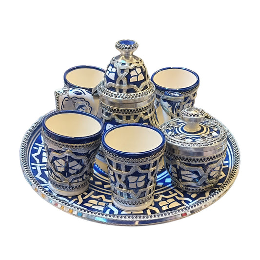 Moroccan Tea Set – Handcrafted Fez Pottery with Silver & Cobalt Blue