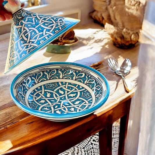 Handmade Turquoise Moroccan Tagine | Hand-Painted Ceramic Serving Tagine from Fez