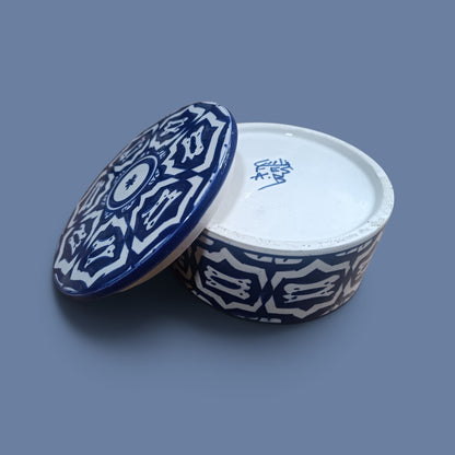 Handmade Moroccan Fassi Pottery Storage Box – Blue & White Ceramic Container