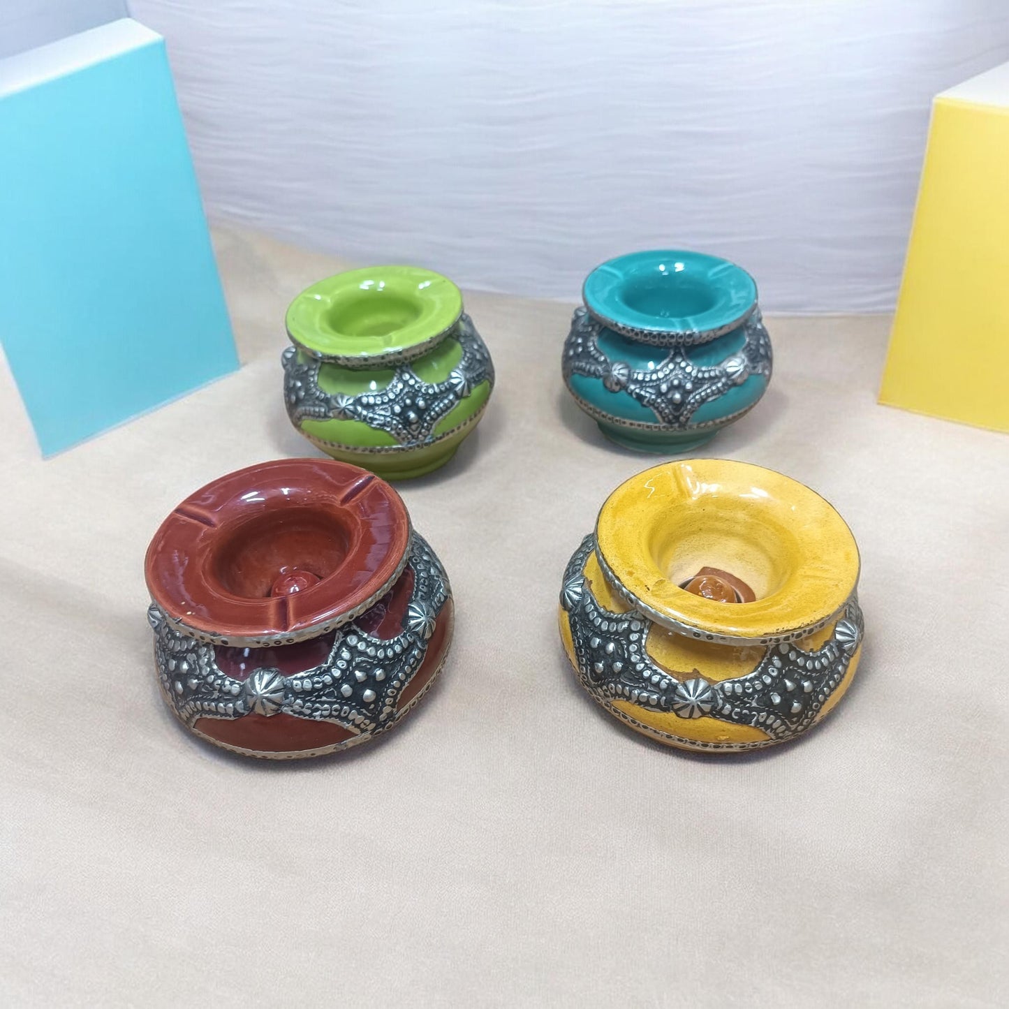 Handmade Moroccan Ceramic Ashtray with Silver Embossed Decoration – Fez Pottery